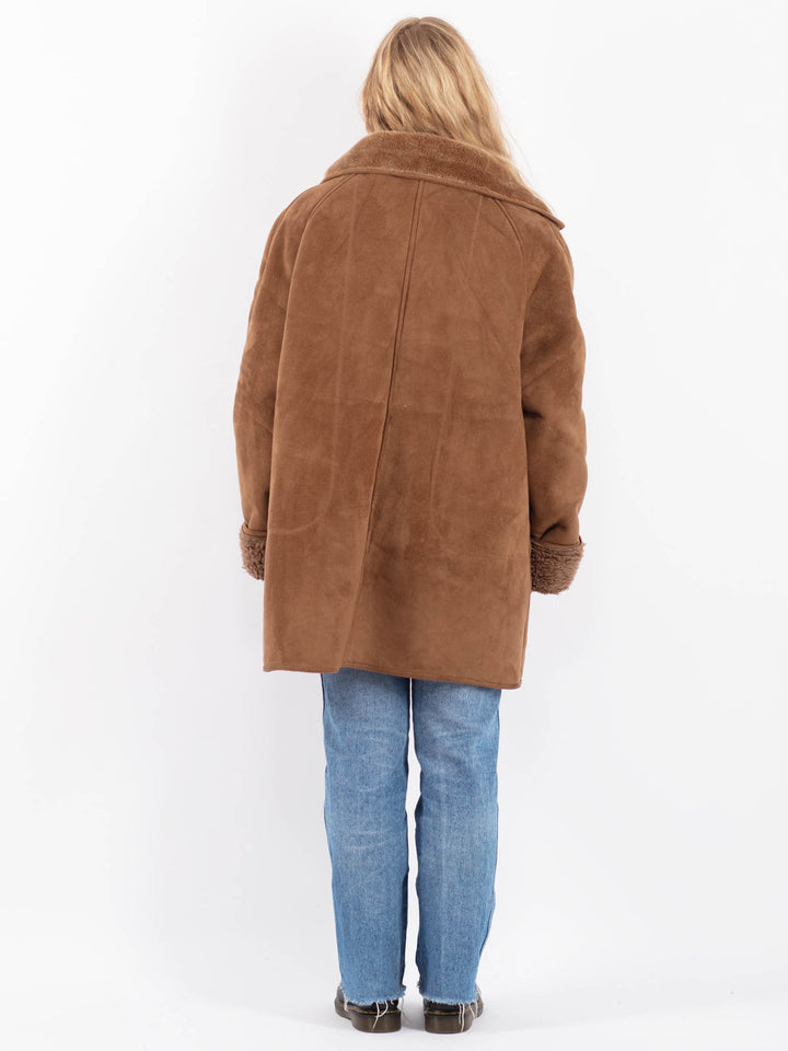 Vintage 90's Women Faux Sheepskin Coat in BrownV9510