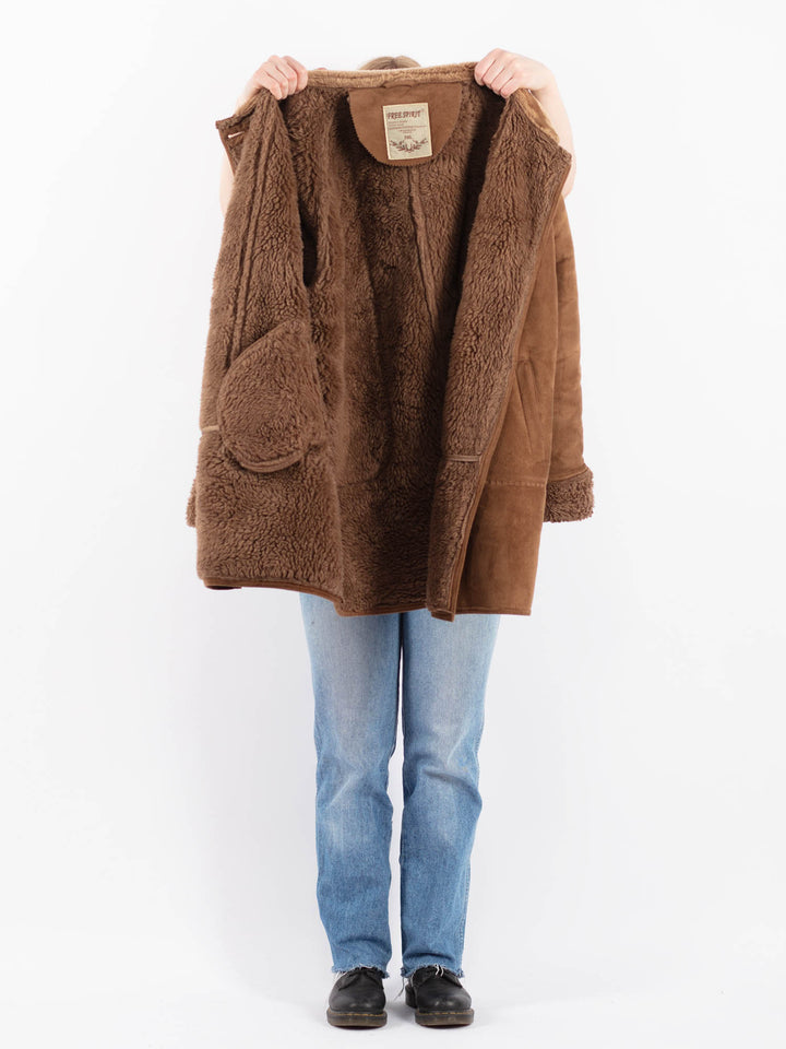 Vintage 90's Women Faux Sheepskin Coat in BrownV9510