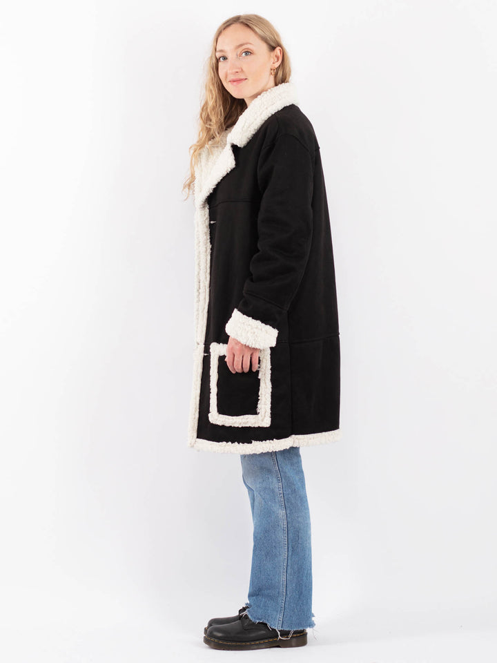 Vintage 90's Women Faux Sheepskin Coat in BlackV9511