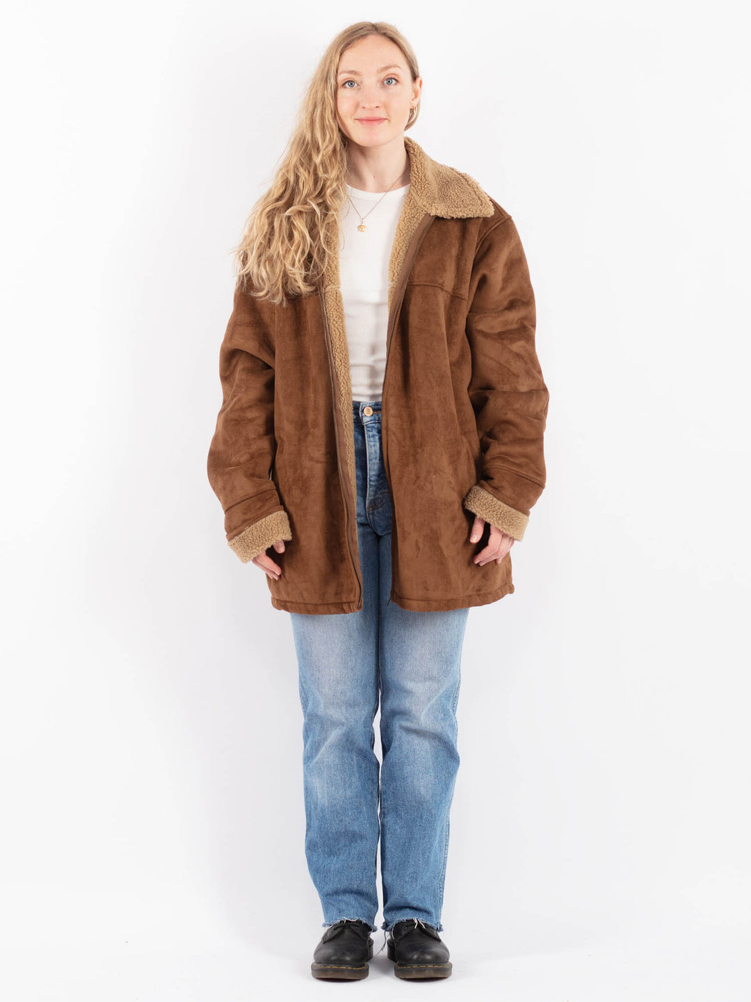 Vintage 90's Women Faux Sheepskin Coat in BrownV9512
