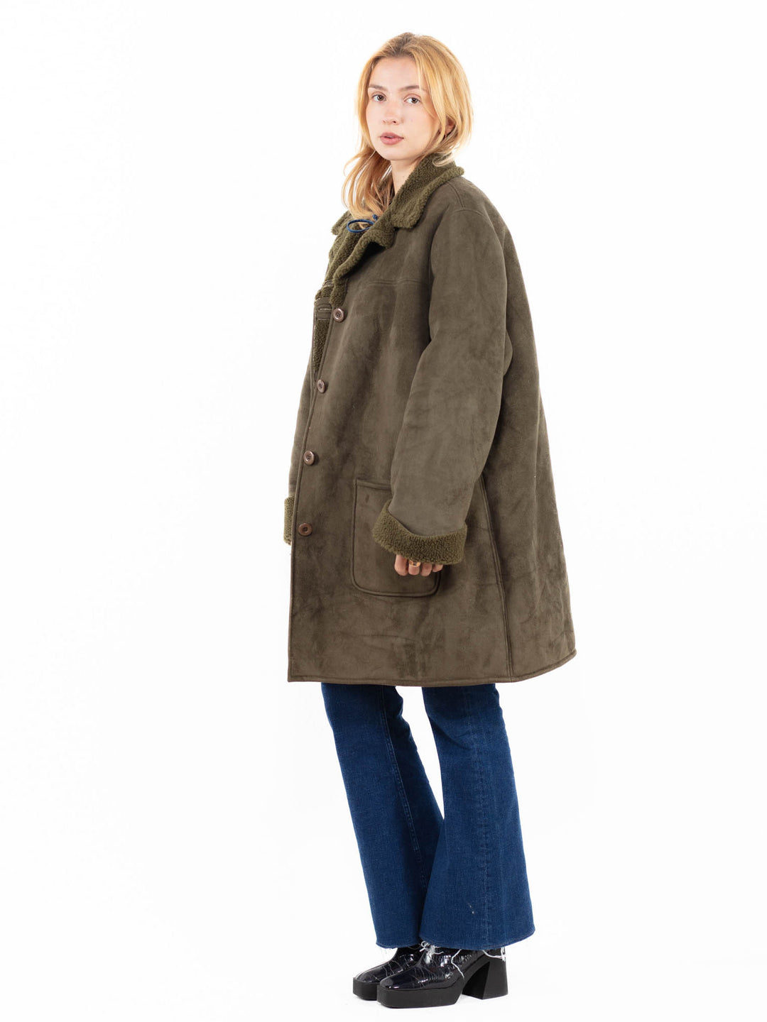 Vintage 90's Women Faux Sheepskin Coat in GreenA0111
