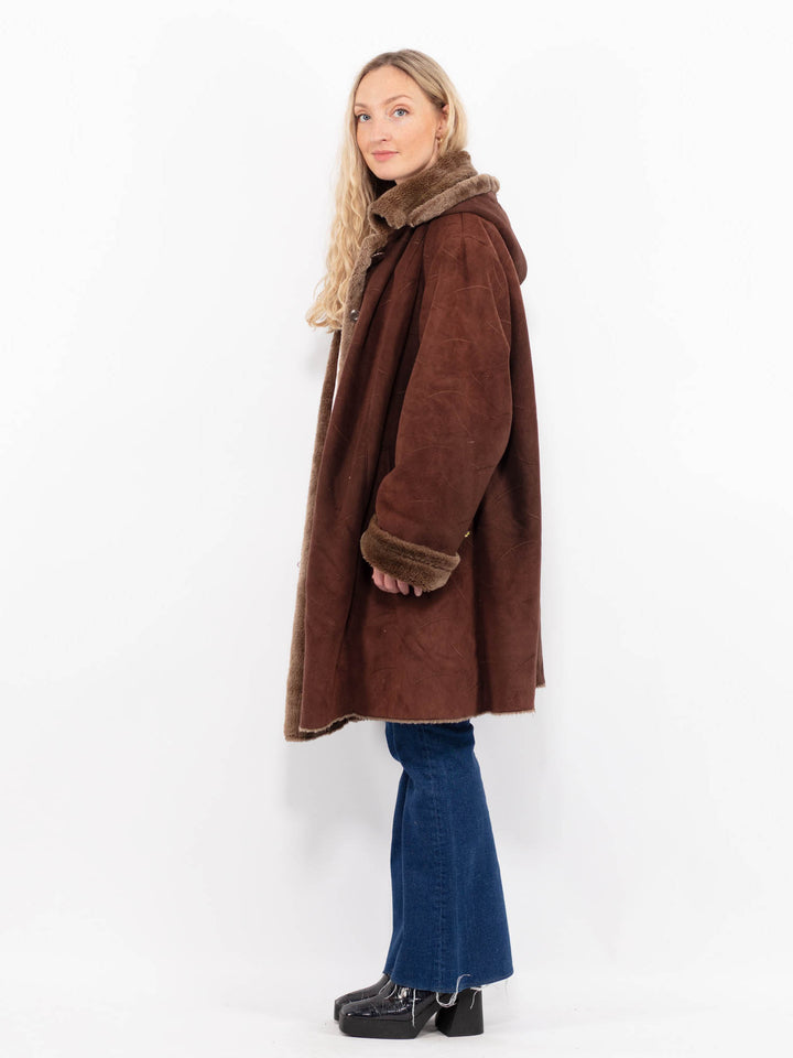 Vintage 90's Women Faux Sheepskin Coat in BrownA1052