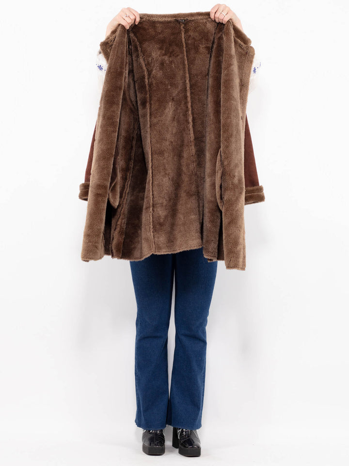 Vintage 90's Women Faux Sheepskin Coat in BrownA1052