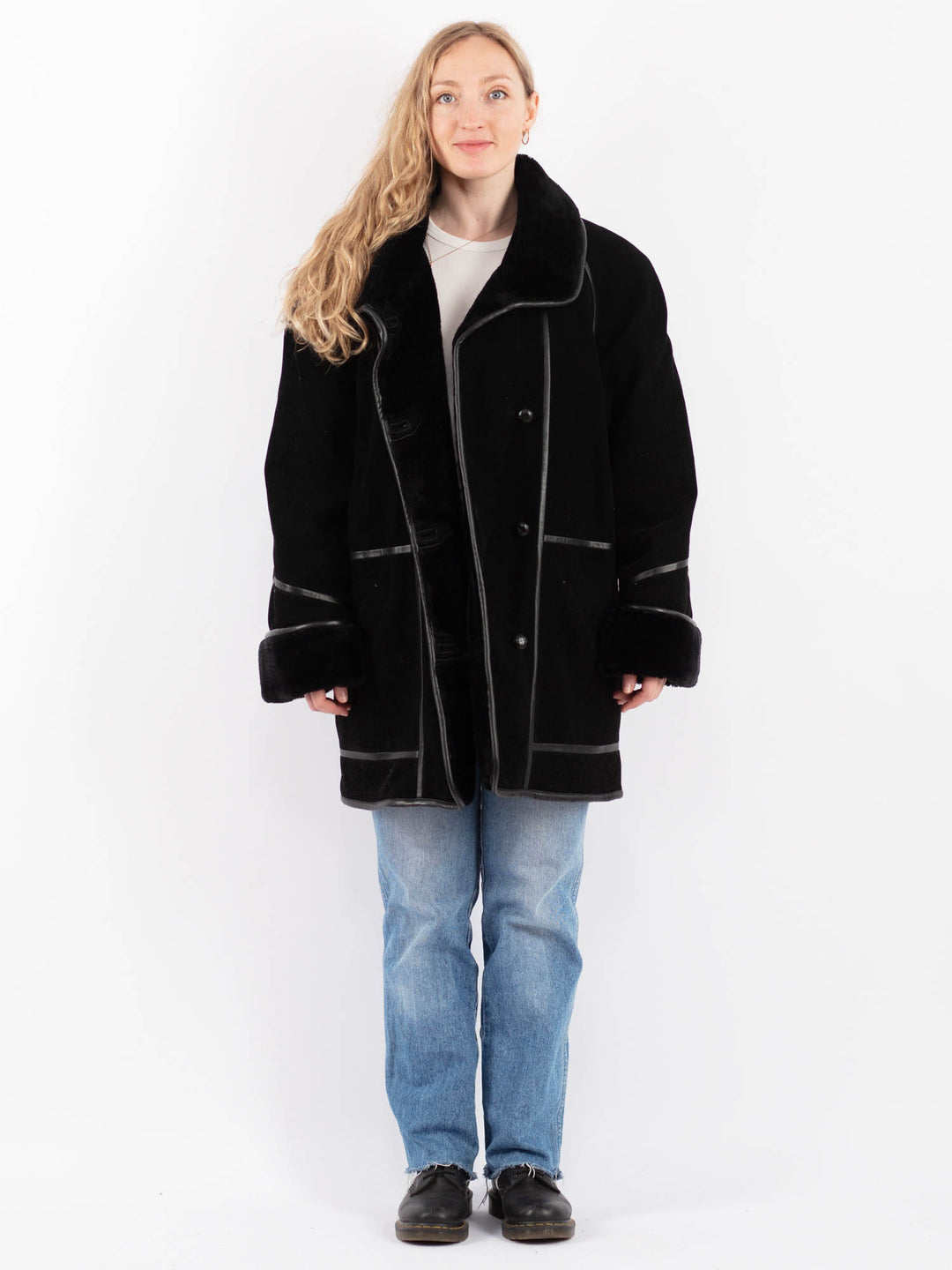Vintage 90's Women Faux Sheepskin Coat in BlackV9514