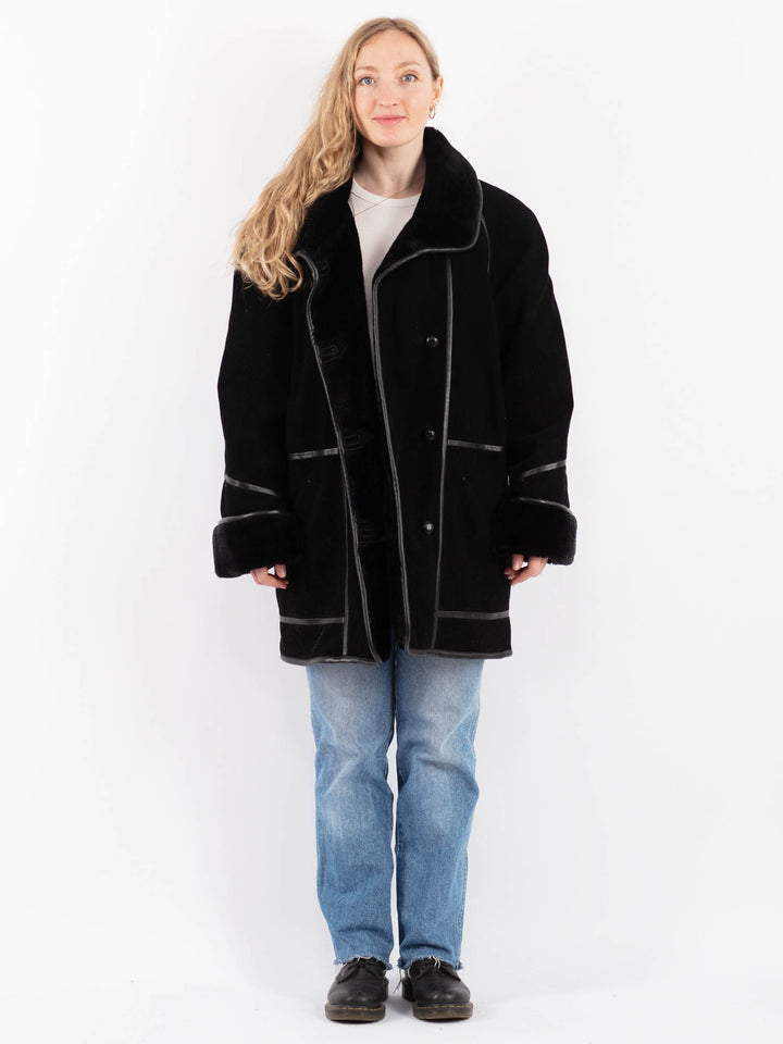 Vintage 90's Women Faux Sheepskin Coat in BlackV9514