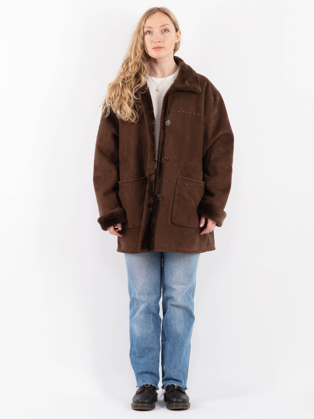 Vintage 90's Women Faux Sheepskin in BrownV9515