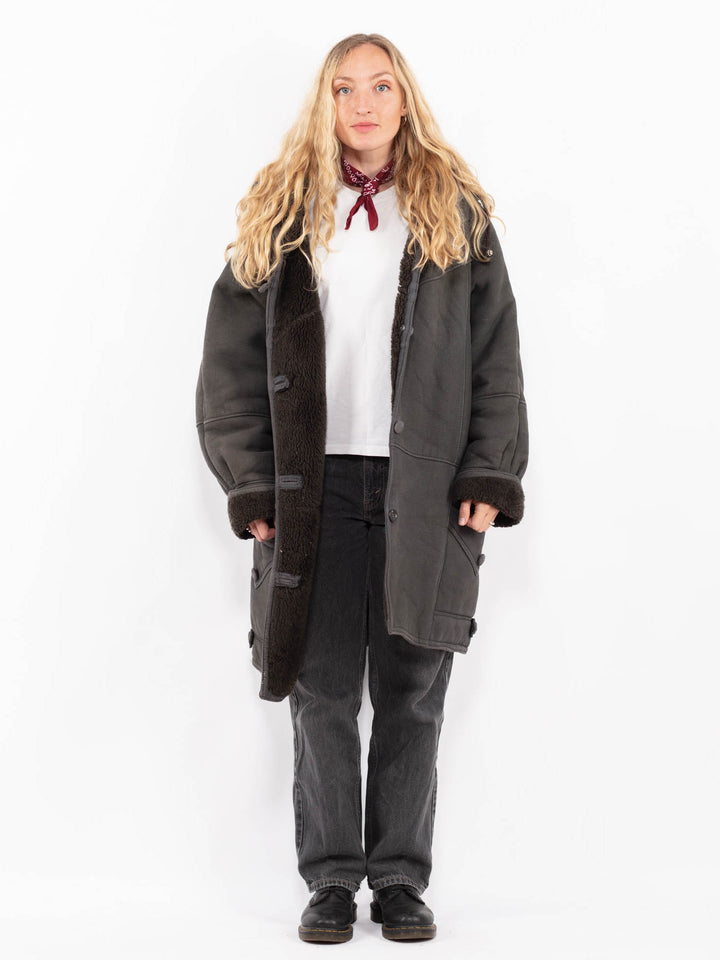 Vintage 90's Women Faux Sheepskin Coat in GrayA0669