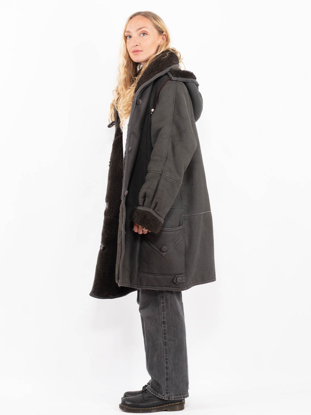 Vintage 90's Women Faux Sheepskin Coat in GrayA0669