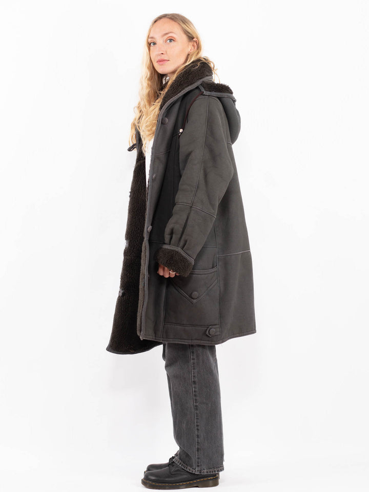 Vintage 90's Women Faux Sheepskin Coat in GrayA0669