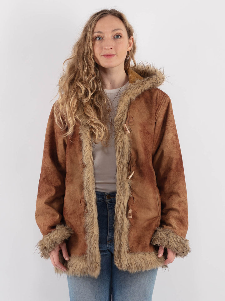 Vintage 90's Women Faux Sheepskin Coat in BrownV9267