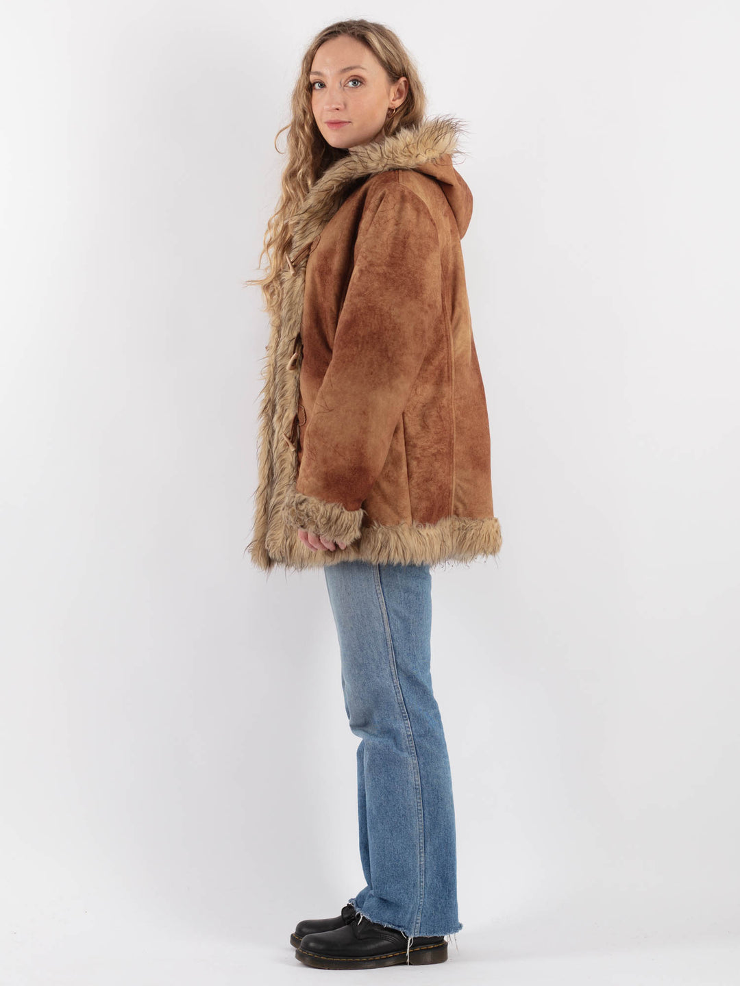 Vintage 90's Women Faux Sheepskin Coat in BrownV9267