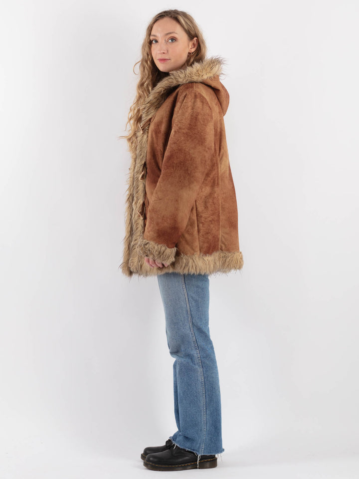 Vintage 90's Women Faux Sheepskin Coat in BrownV9267