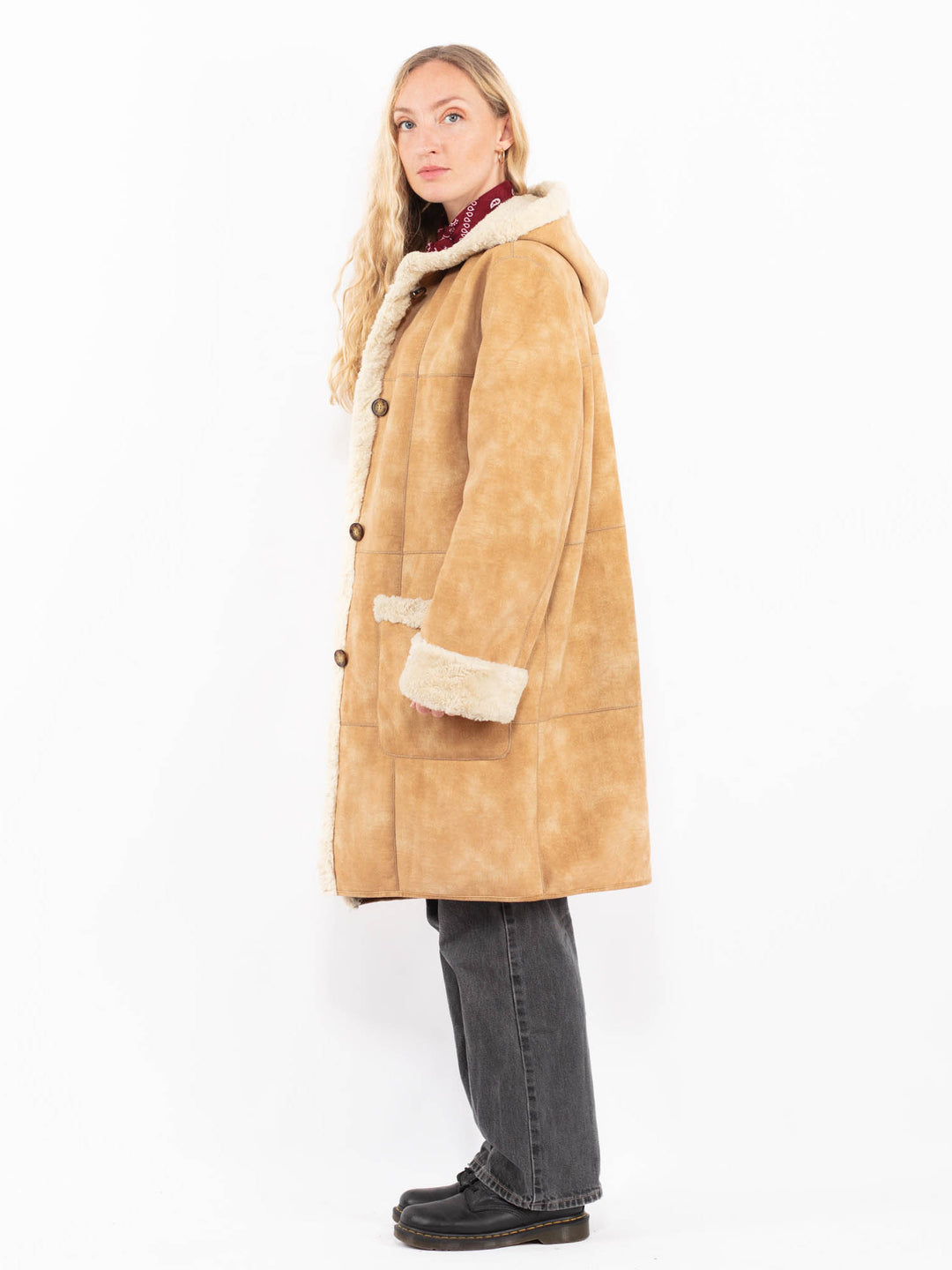 Vintage 90's Women Faux Sheepskin Coat in BeigeA0677