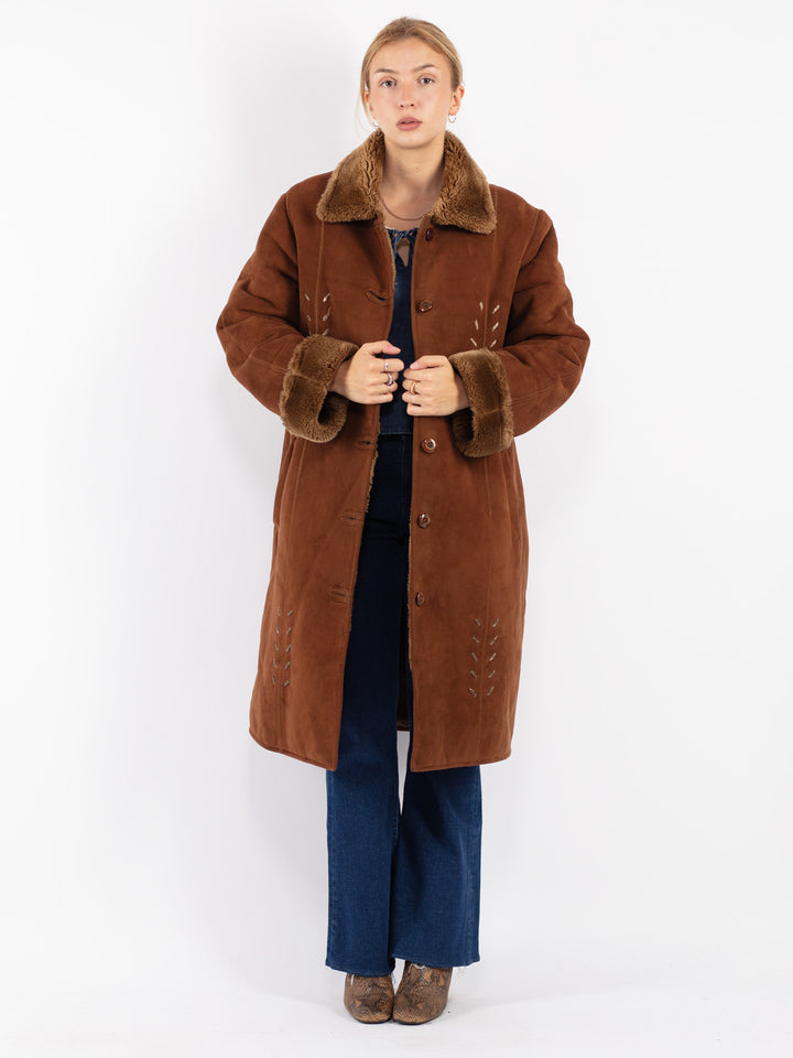 Vintage 90's Women Faux Sheepskin Coat in Brown