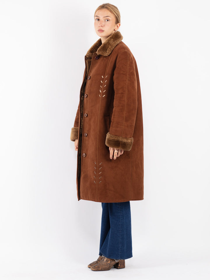 Vintage 90's Women Faux Sheepskin Coat in Brown