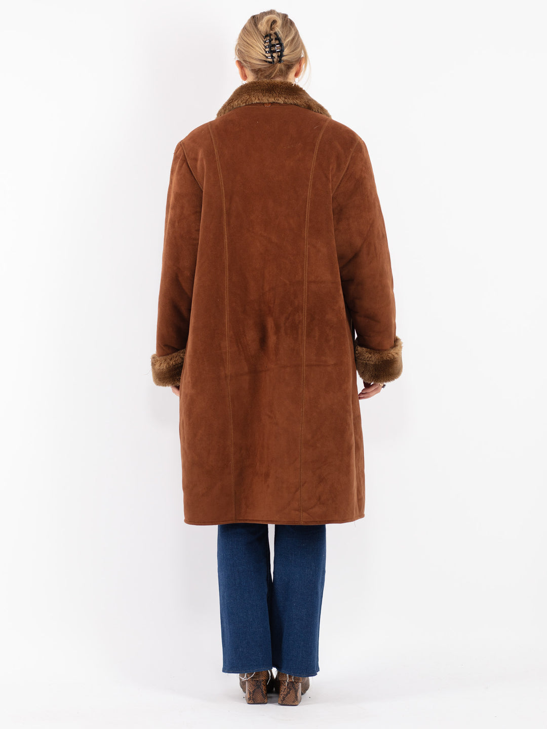 Vintage 90's Women Faux Sheepskin Coat in Brown