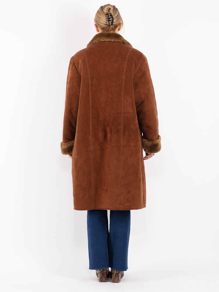 Vintage 90's Women Faux Sheepskin Coat in Brown
