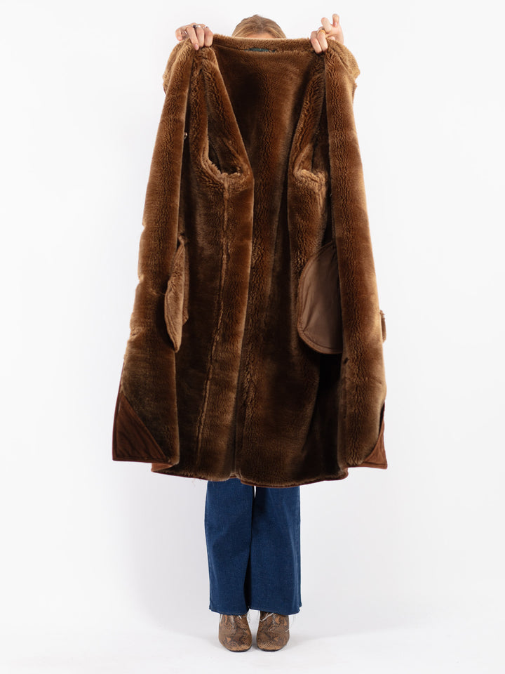 Vintage 90's Women Faux Sheepskin Coat in Brown