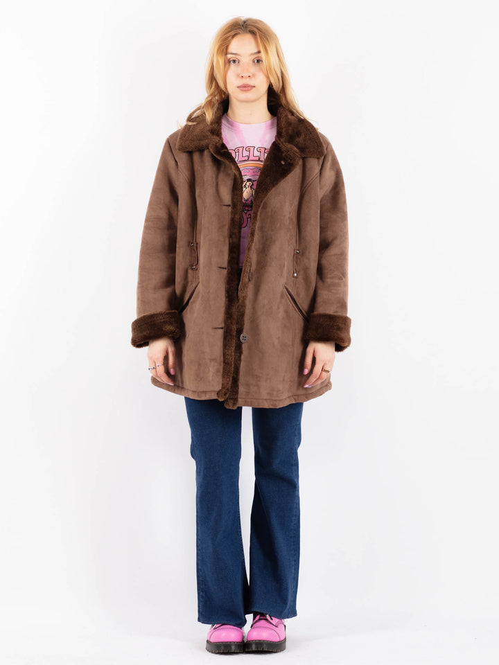 Vintage 90's Women Faux Sheepskin Coat in BrownV9590
