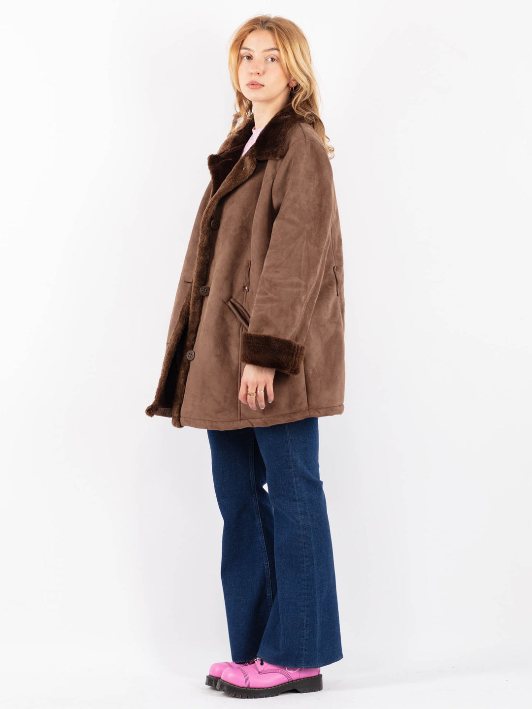 Vintage 90's Women Faux Sheepskin Coat in BrownV9590