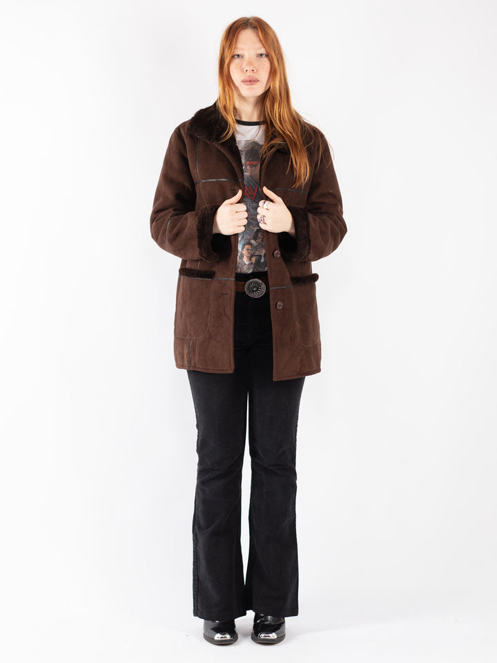 Vintage 90's Women Faux Sheepskin Coat in Brown