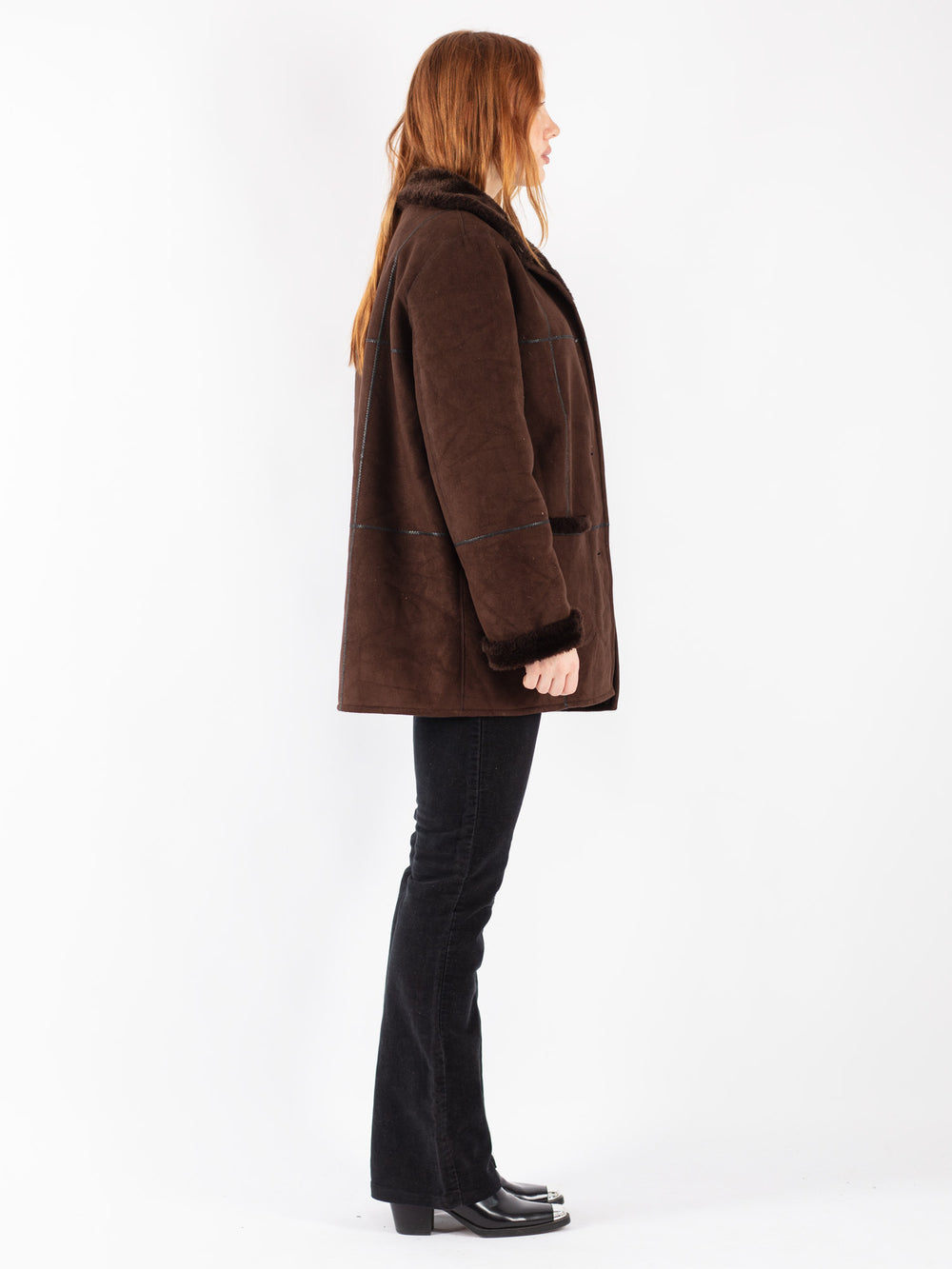 Vintage 90's Women Faux Sheepskin Coat in Brown