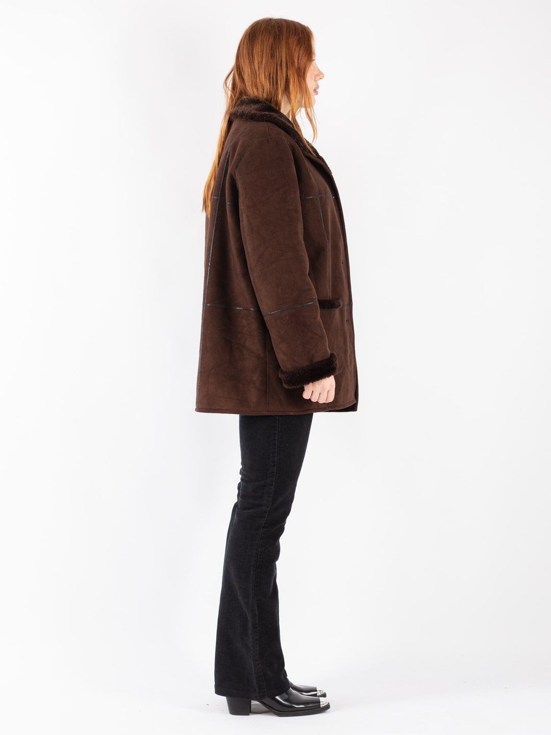 Vintage 90's Women Faux Sheepskin Coat in Brown