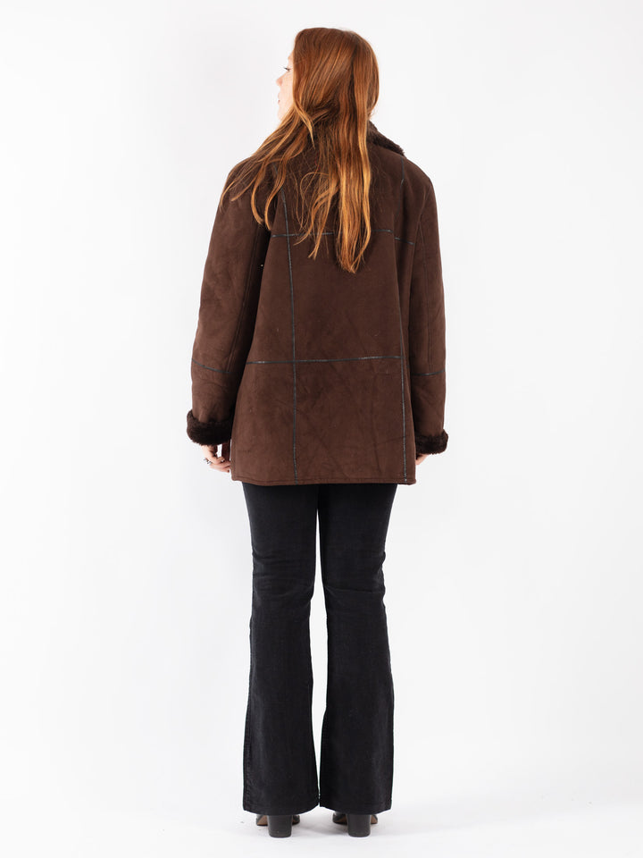 Vintage 90's Women Faux Sheepskin Coat in Brown