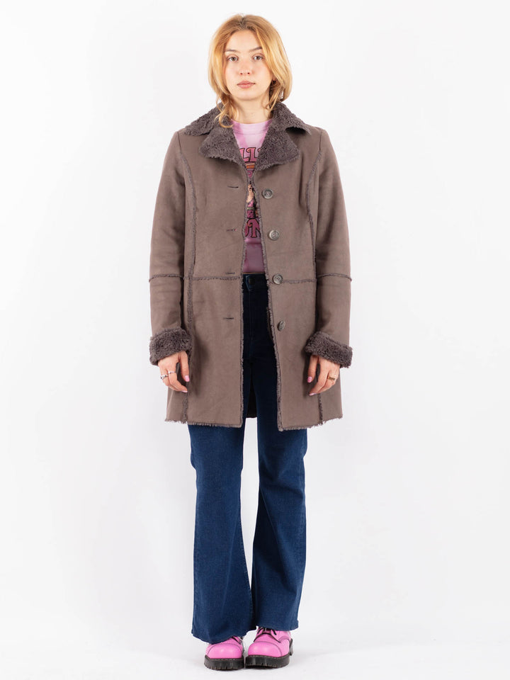 Vintage 90's Women Faux Sheepskin Coat in GrayV9591