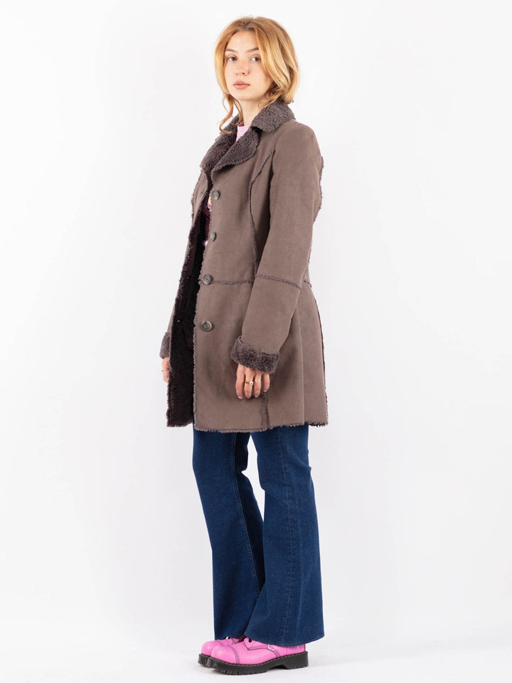 Vintage 90's Women Faux Sheepskin Coat in GrayV9591