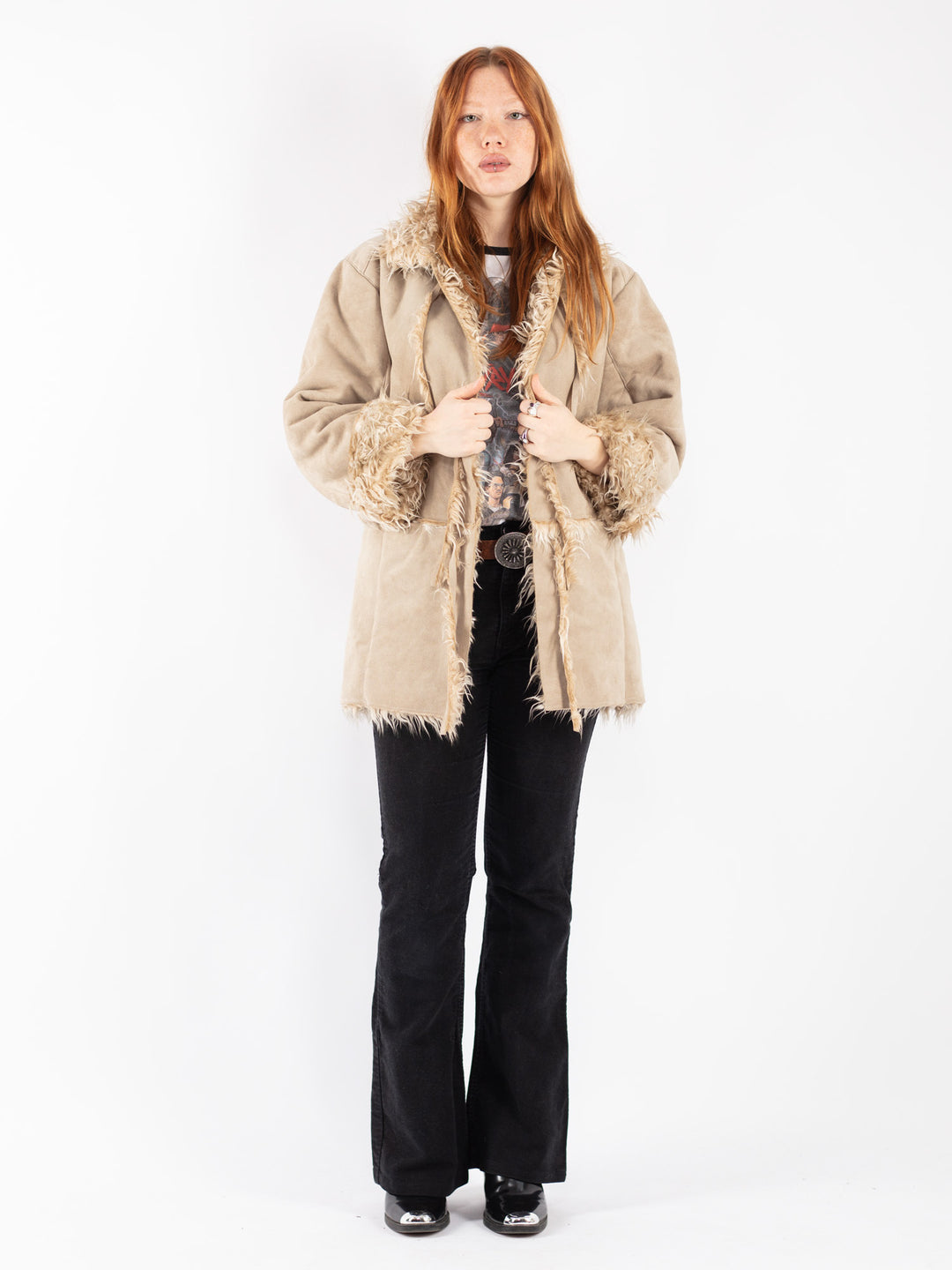 Vintage 90's Women Faux Sheepskin Coat in Beige