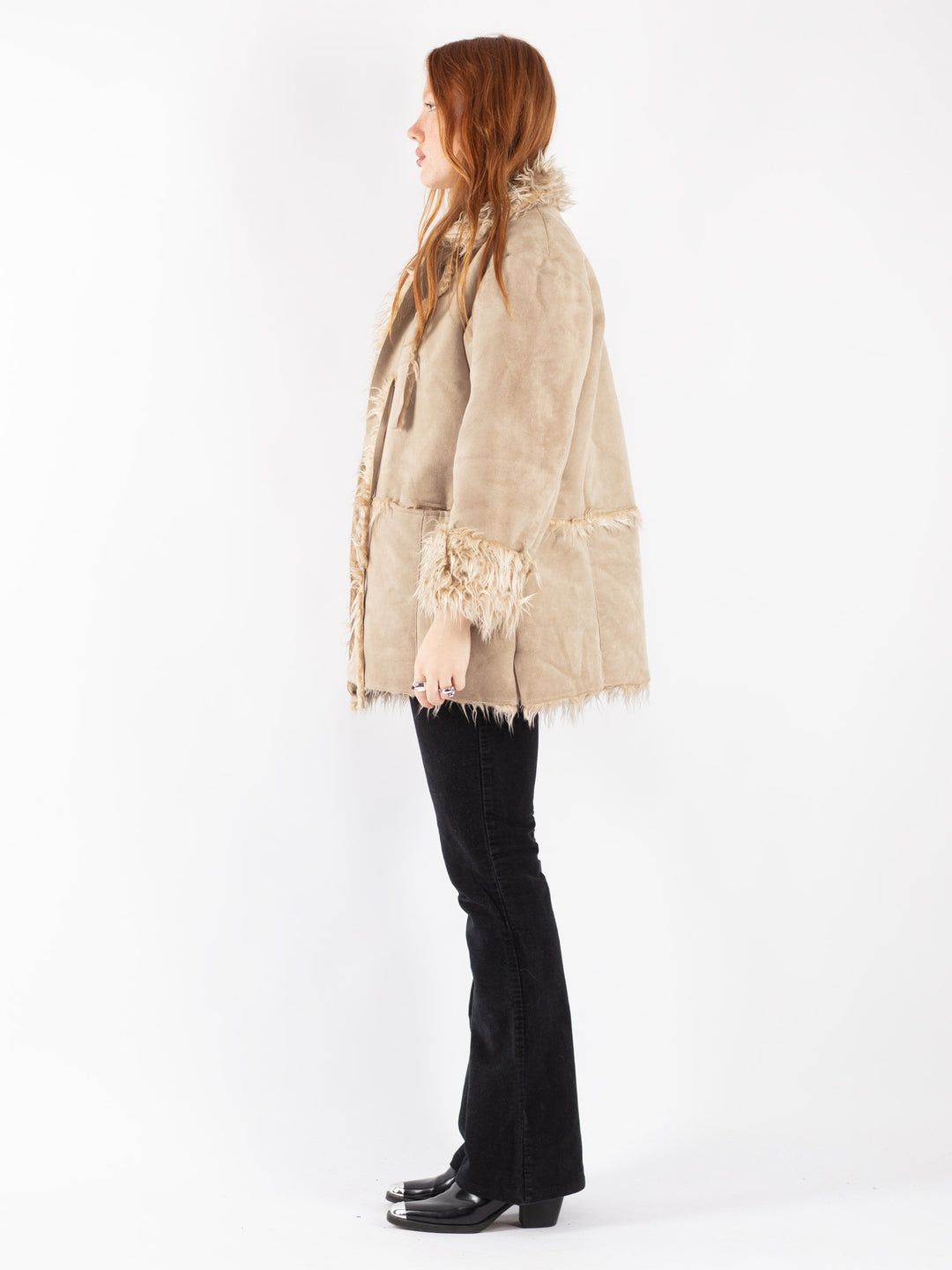 Vintage 90's Women Faux Sheepskin Coat in Beige