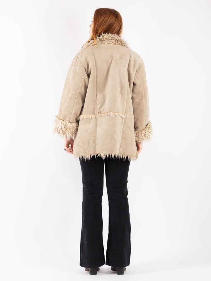 Vintage 90's Women Faux Sheepskin Coat in Beige