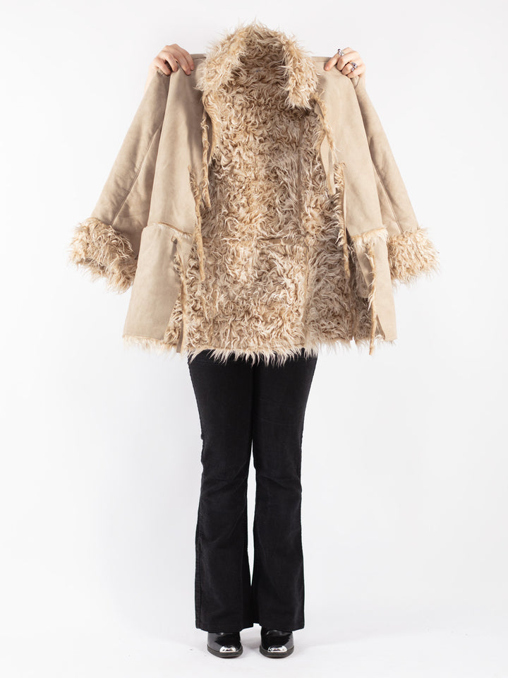 Vintage 90's Women Faux Sheepskin Coat in Beige
