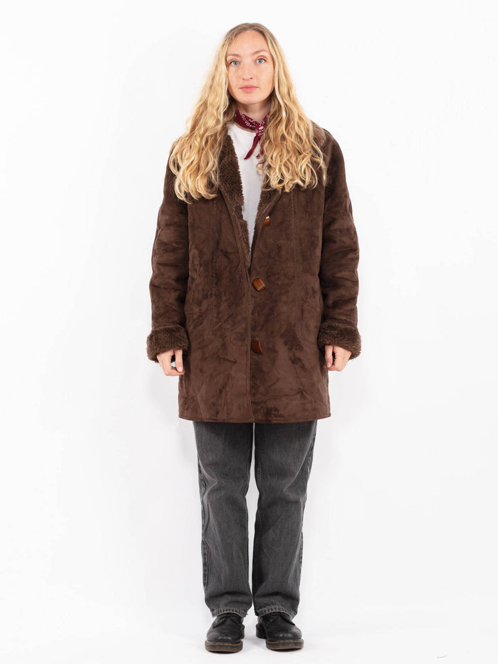 Vintage 90's Women Faux Sheepskin Coat in BrownA0693