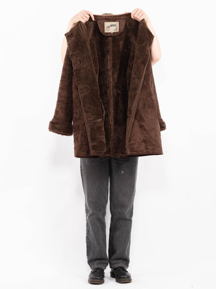 Vintage 90's Women Faux Sheepskin Coat in BrownA0693