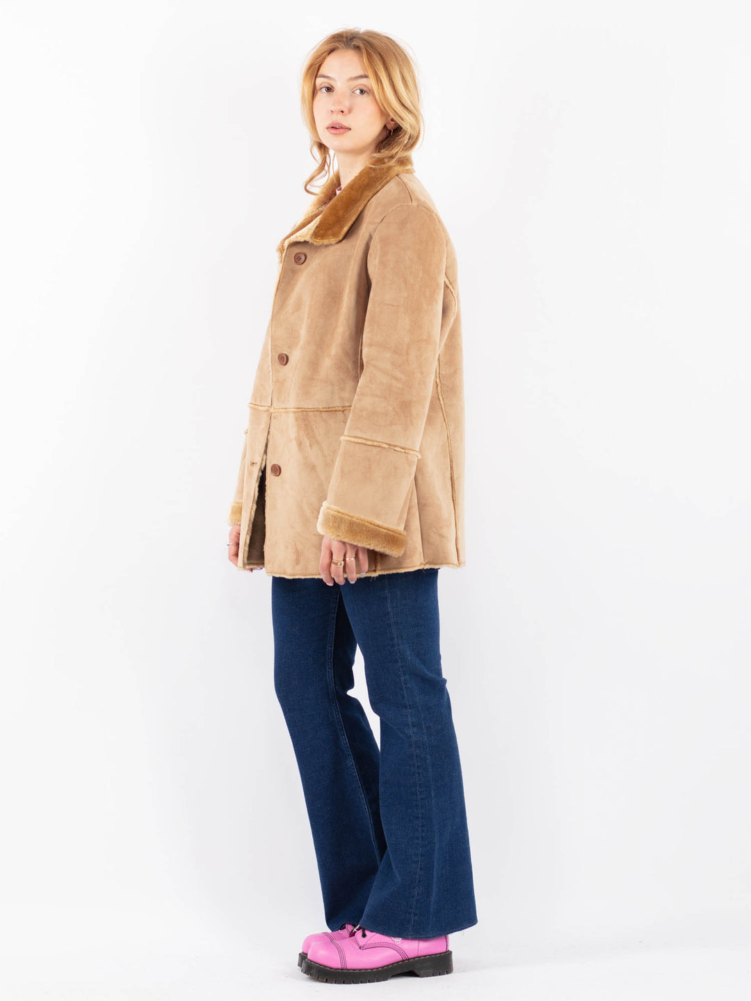 Vintage 90's Women Faux Sheepskin Coat in BeigeV9593