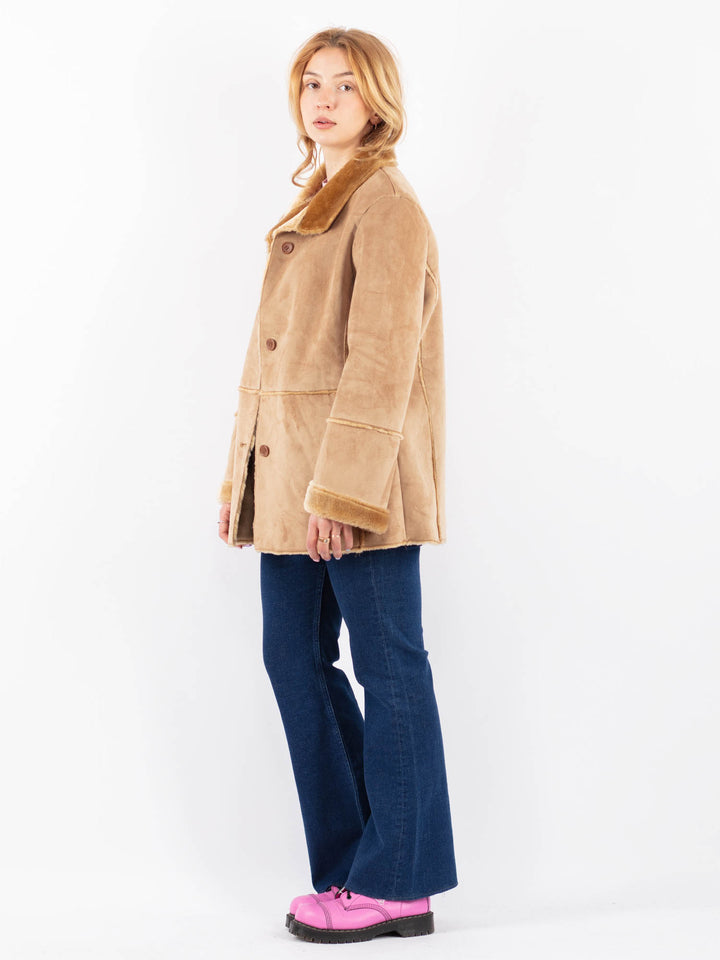Vintage 90's Women Faux Sheepskin Coat in BeigeV9593