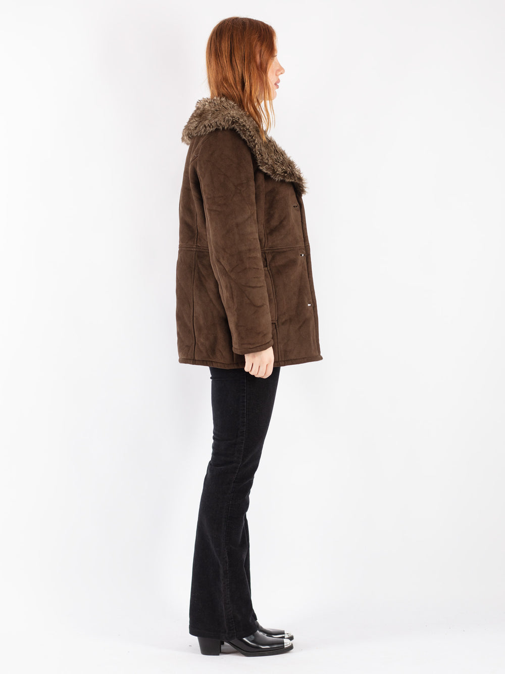 Vintage 90's Women Faux Sheepskin Coat in Brown