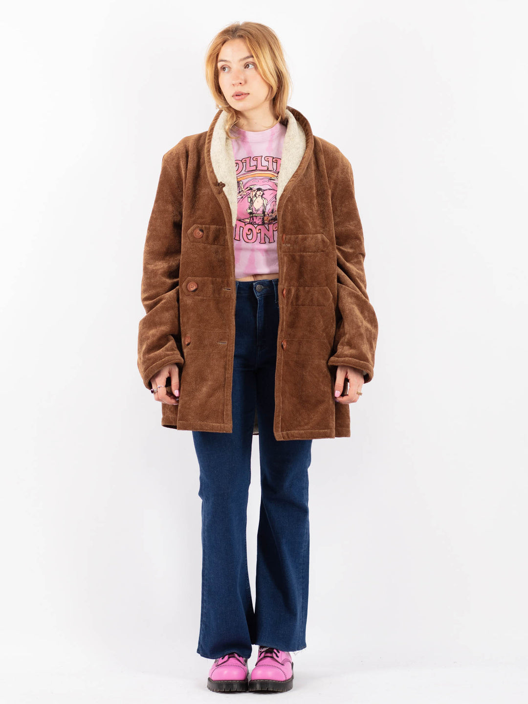 Vintage 90's Women Faux Sheepskin Coat in BrownV9596