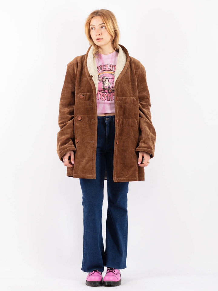 Vintage 90's Women Faux Sheepskin Coat in BrownV9596