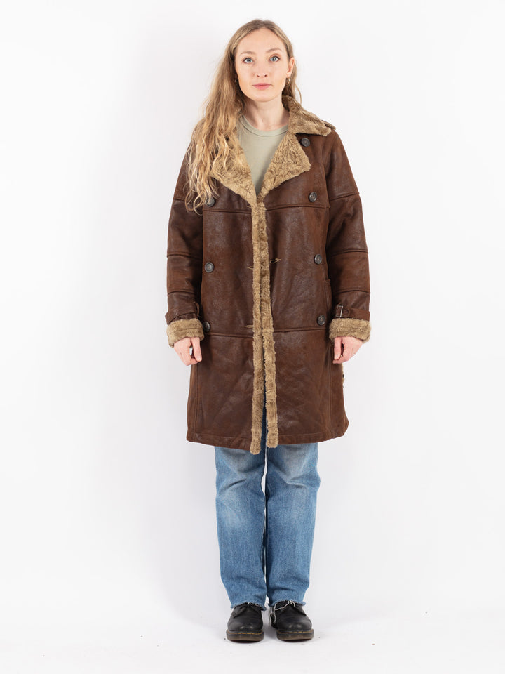 Vintage 90's Women Faux Sheepskin Coat in Brown