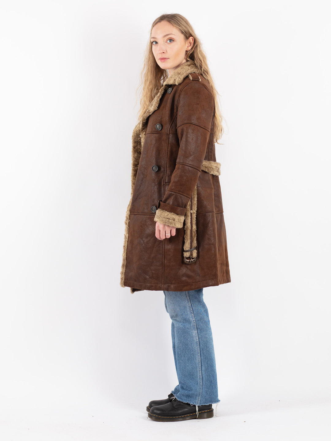 Vintage 90's Women Faux Sheepskin Coat in Brown