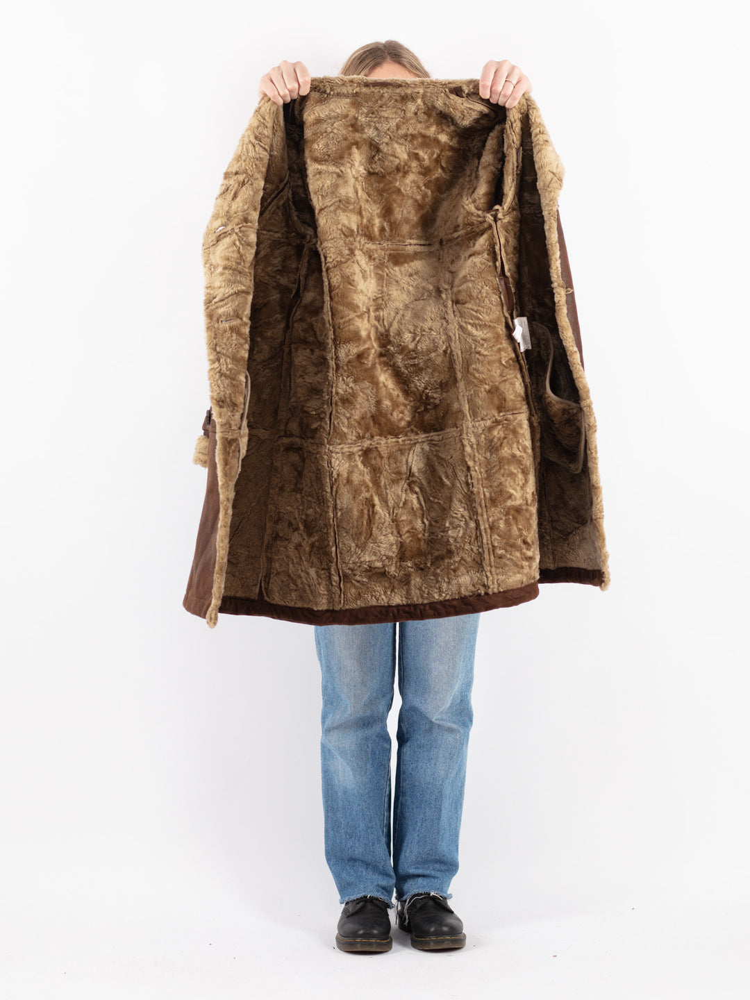 Vintage 90's Women Faux Sheepskin Coat in Brown