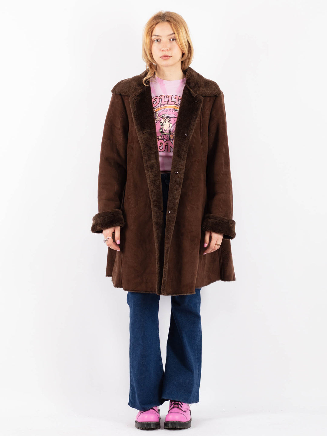 Vintage 90's Women Faux Sheepskin Coat in BrownV9597
