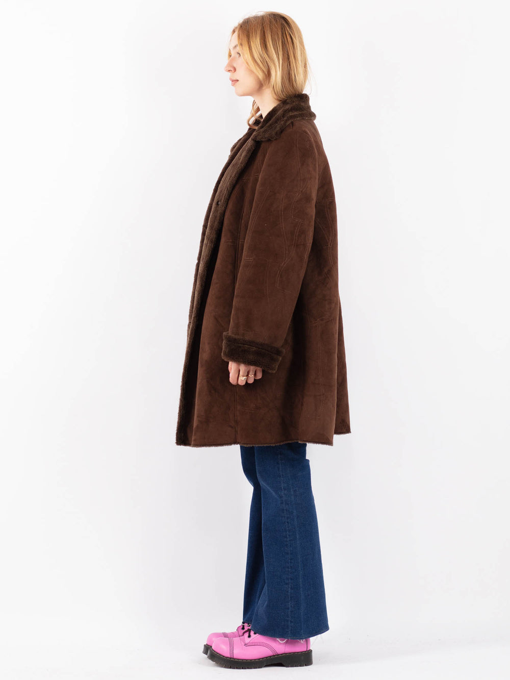 Vintage 90's Women Faux Sheepskin Coat in BrownV9597