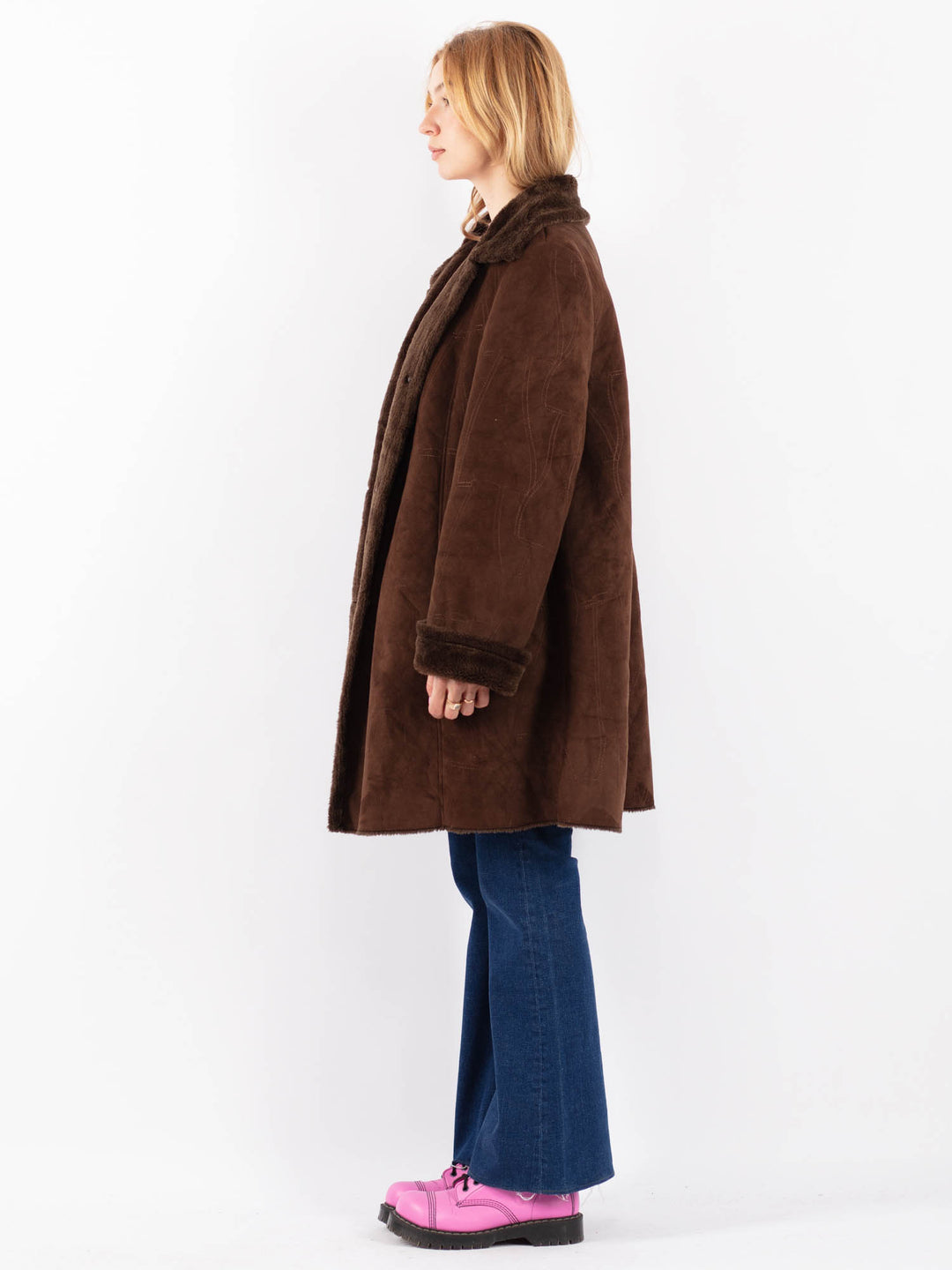 Vintage 90's Women Faux Sheepskin Coat in BrownV9597