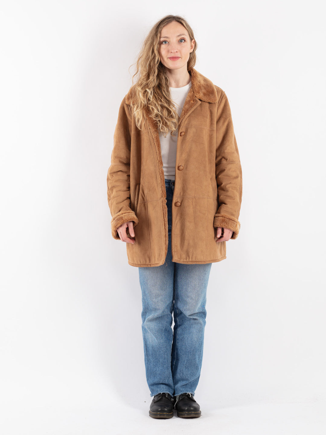 Vintage 90's Women Faux Sheepskin Coat in Brown