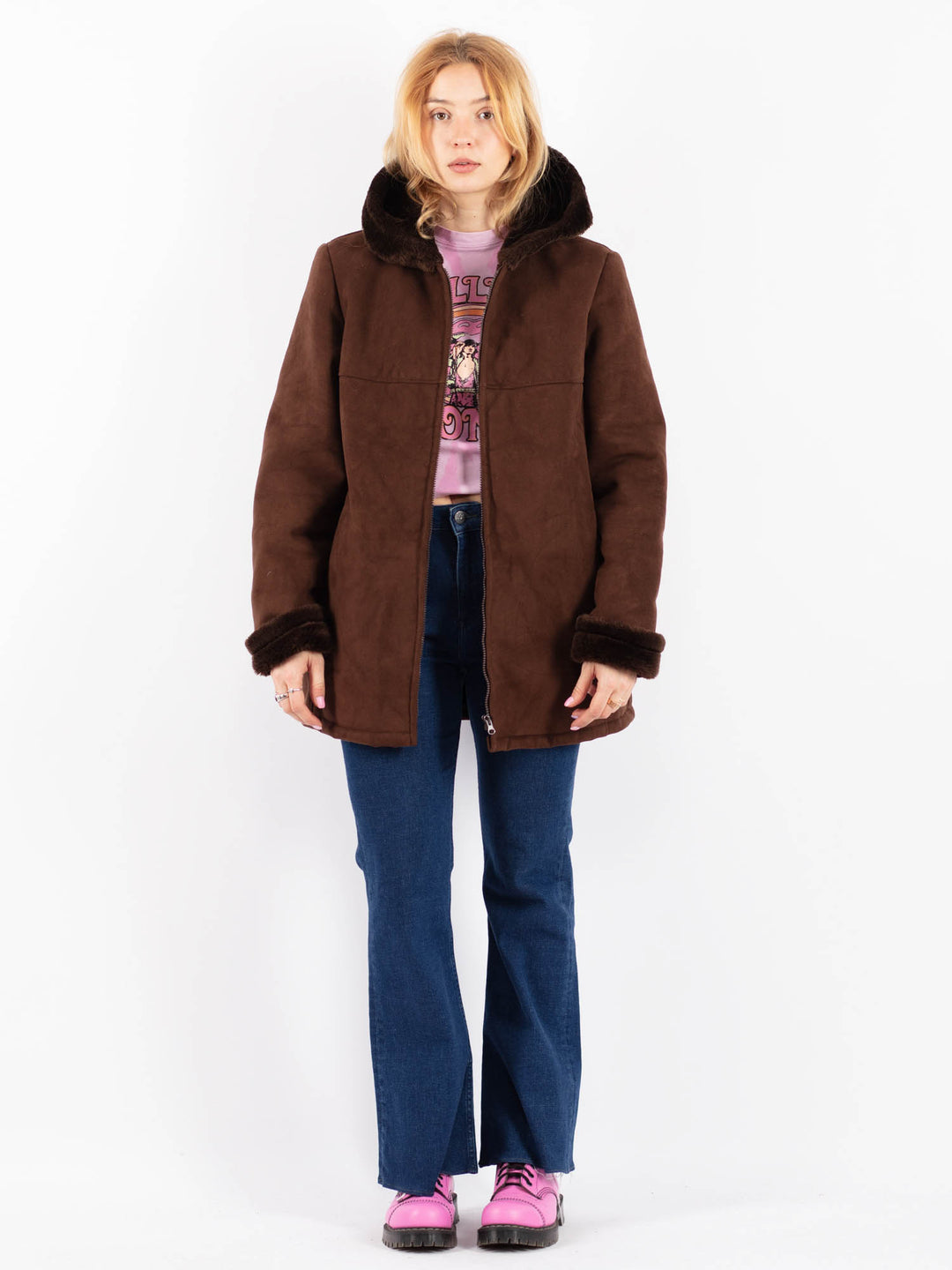 Vintage 90's Women Faux Sheepskin Coat in BrownV9600