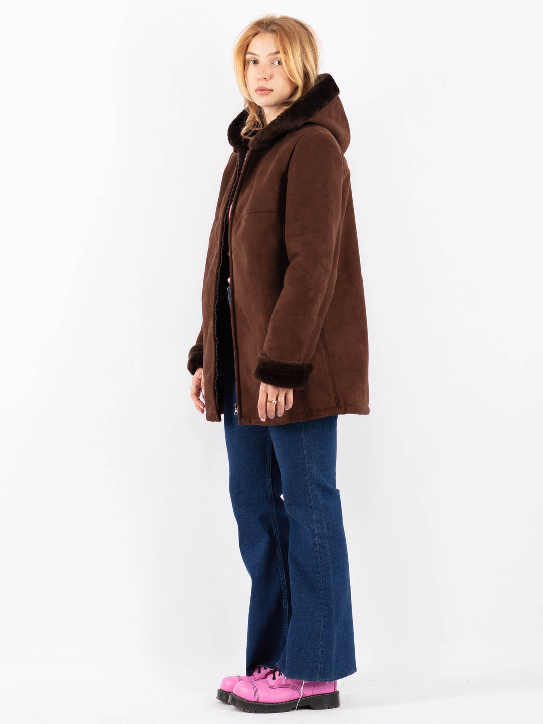 Vintage 90's Women Faux Sheepskin Coat in BrownV9600